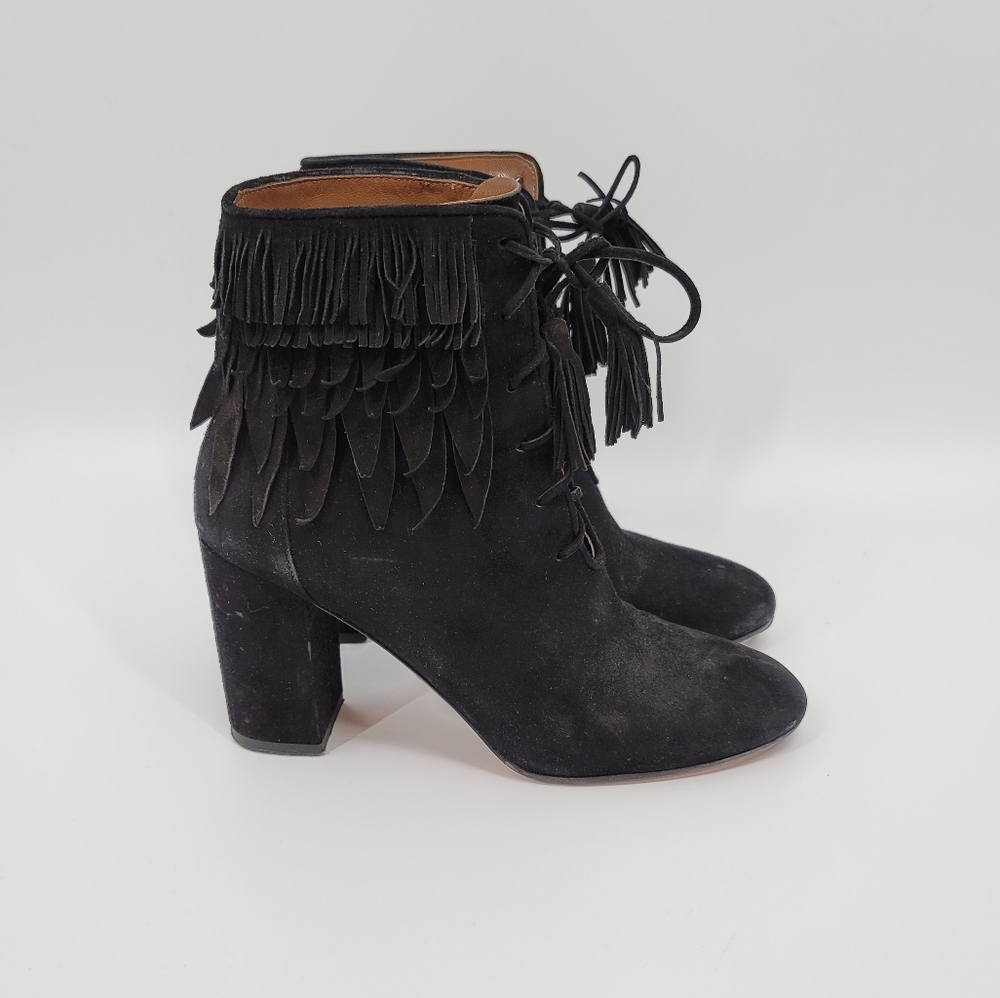 Aquazzura Woodstock Black Suede Fringe Booties Size 39 Block Heel